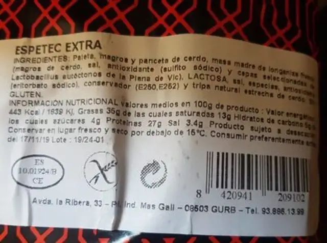 Saucisson nutrition facts table