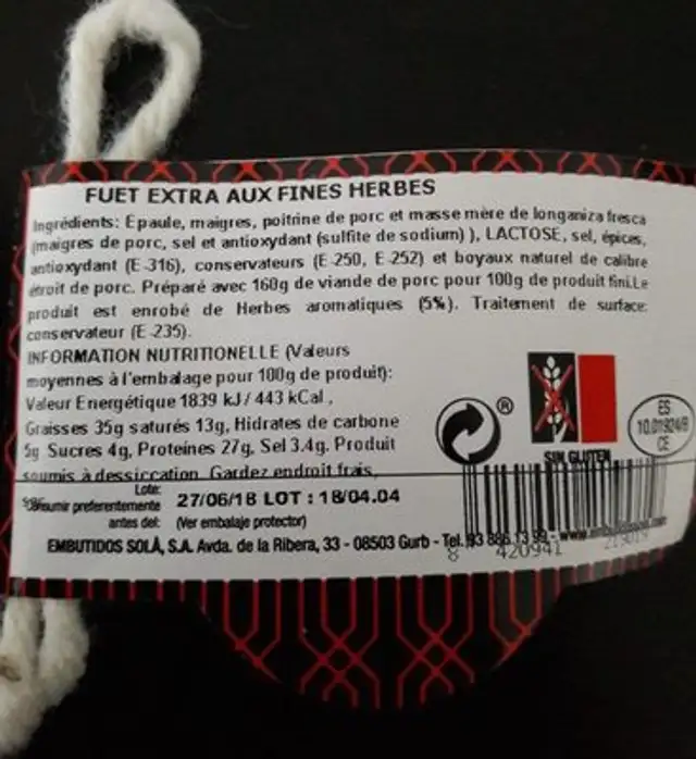 Saucisson aux herbes ingredients label