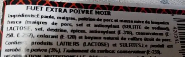 Fuet Extra Poivre Noir ingredients label