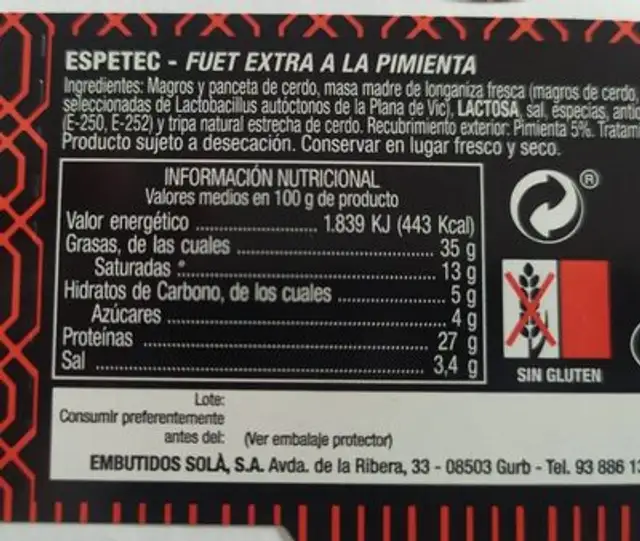 Fuet Extra Poivre Noir nutrition facts table