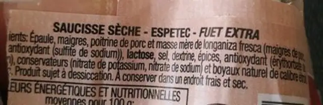Saucisse sèche ingredients label