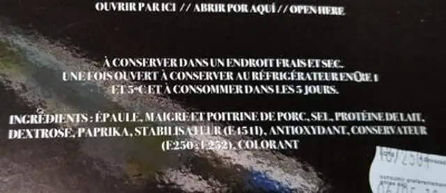 Pavé de saucisson au poivre ingredients label