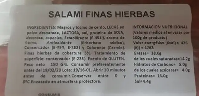 Salami finas hierbas nutrition facts table