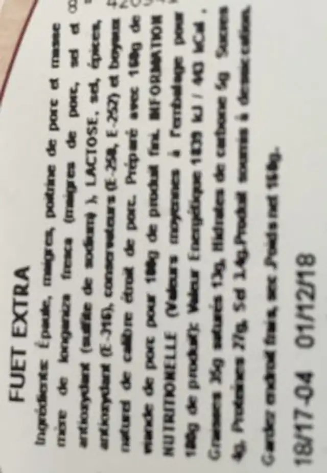 Fuet extra ingredients label