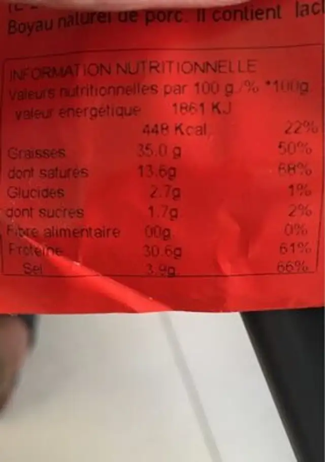 Fuet Espetec Extra nutrition facts table