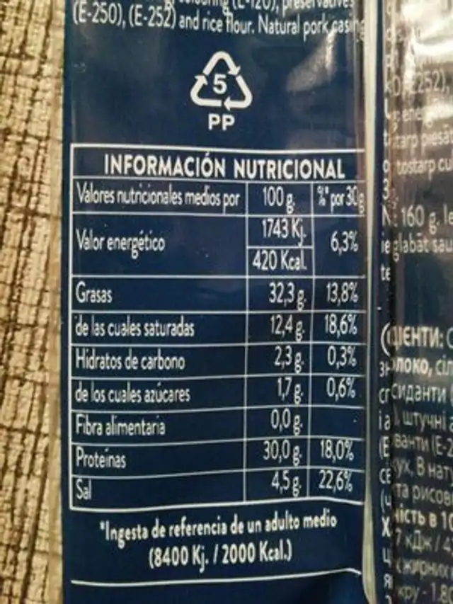 Fuet extra nutrition facts table