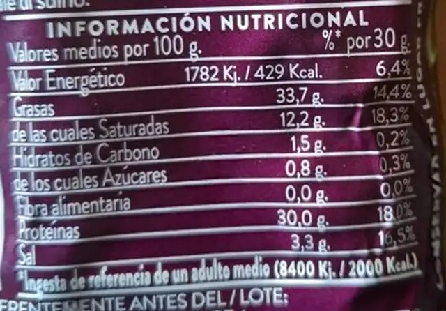 Chorizo sarta extra nutrition facts table