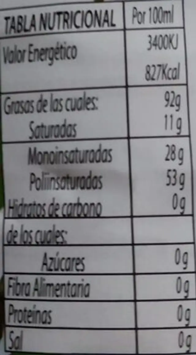 Aceite refinado de semillas nutrition facts table