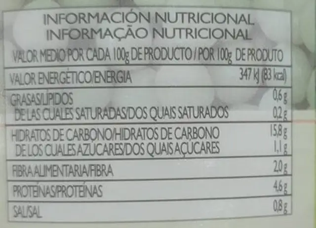 Guisantes rehidratados nutrition facts table
