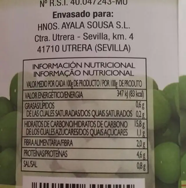 Guisantes rehidratados nutrition facts table