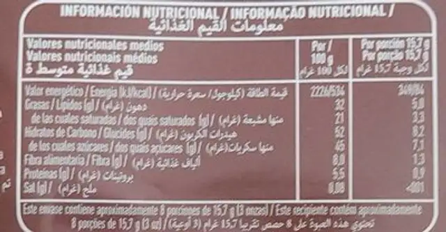 Chocolate negro sin gluten nutrition facts table