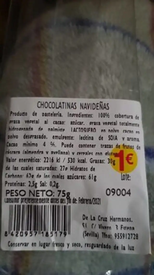 Chocolatinas navideñas nutrition facts table