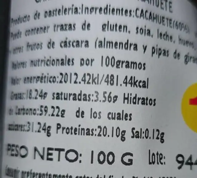 Garrapiñadas de cacahuete nutrition facts table
