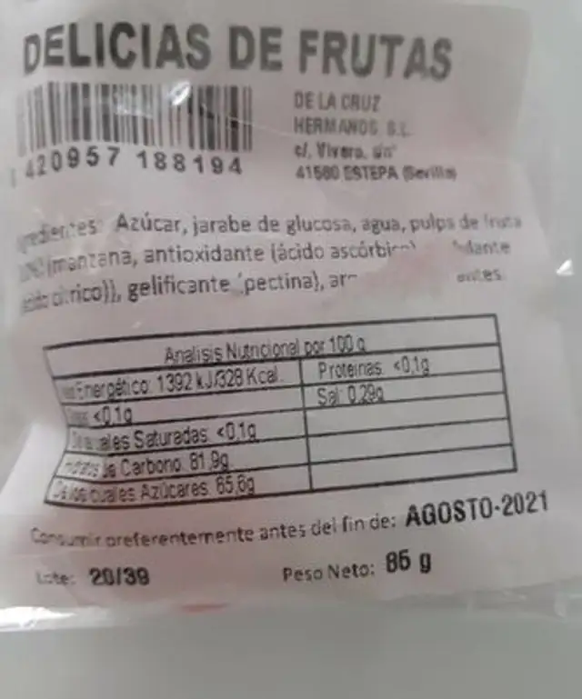 Delicias de Frutas nutrition facts table