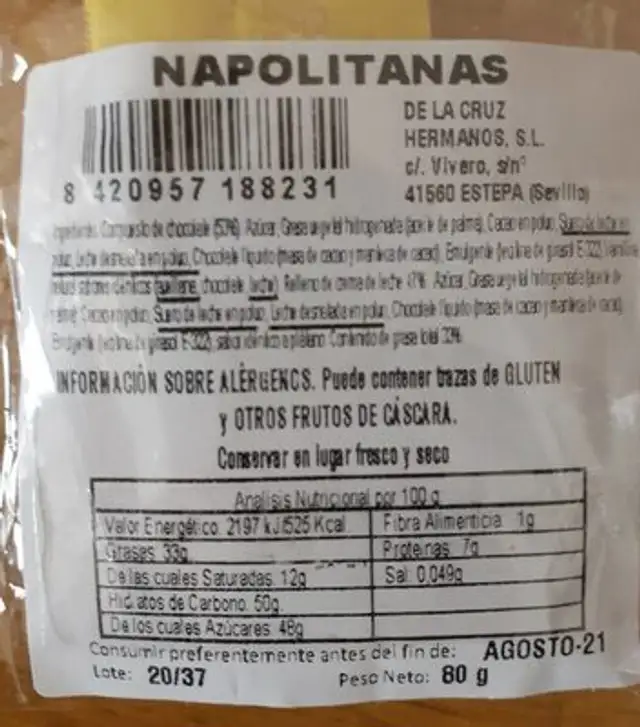 NAPOLITANAS nutrition facts table