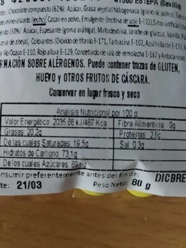 Lentejas de chocolate nutrition facts table