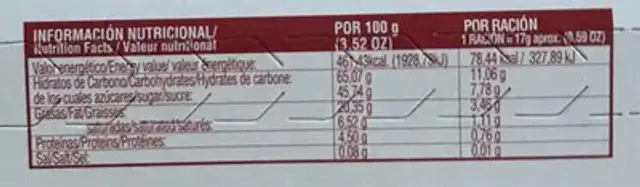 Bañaditos crujientes nutrition facts table