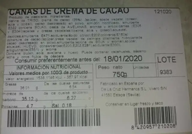 Cañas de crema de cacao nutrition facts table