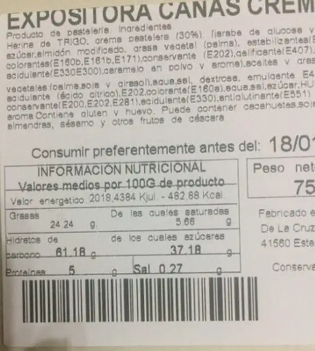 Cañas de crema nutrition facts table