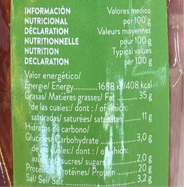Chorizo nutrition facts table
