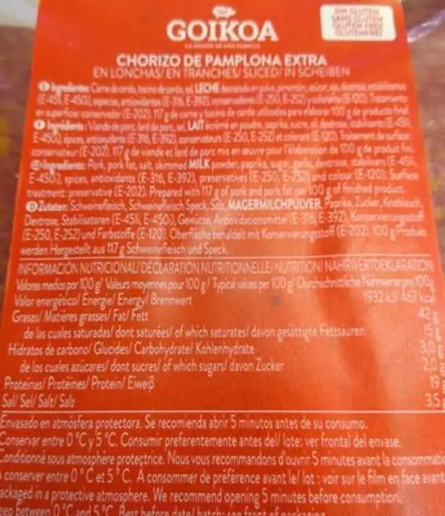 Chorizo de Pamplona Extra nutrition facts table