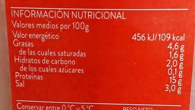 Fiambre de bacon nutrition facts table
