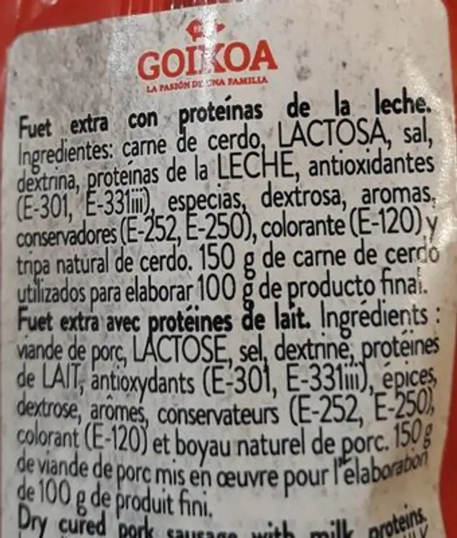 Fuet extra nutrition facts table