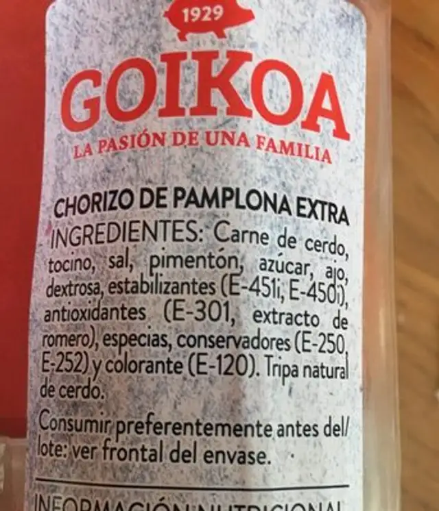 Chorizo pamplona ingredients label