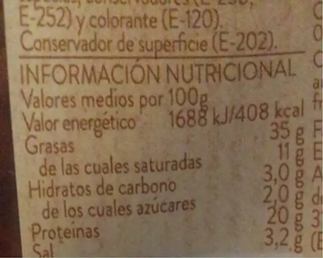 Chorizo extra nutrition facts table