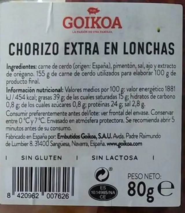 Chorizo Natural nutrition facts table