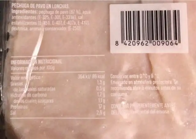 pechuga de pavo nutrition facts table
