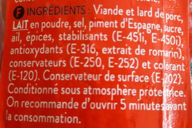Chorizo de Pamplona ingredients label