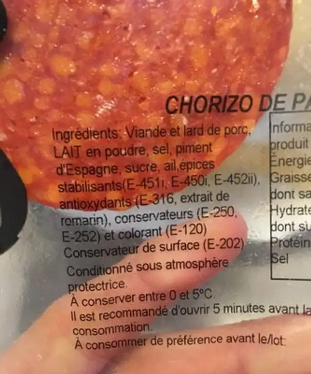 Chorizo de Pamplona ingredients label