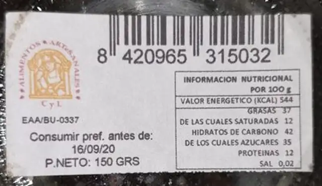Almendras Sarralde de Briviesca nutrition facts table