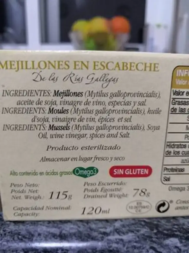Mejillones en escabeche ingredients label
