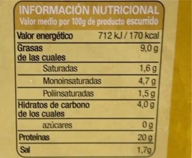 Mejillones en escabeche nutrition facts table