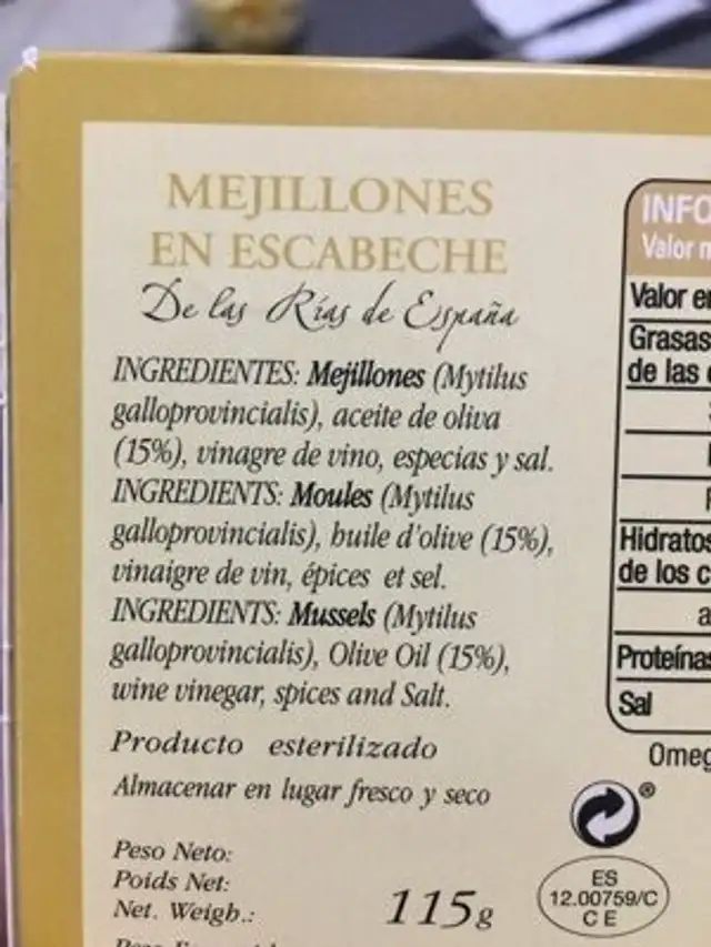 Mejillones en escabeche ingredients label