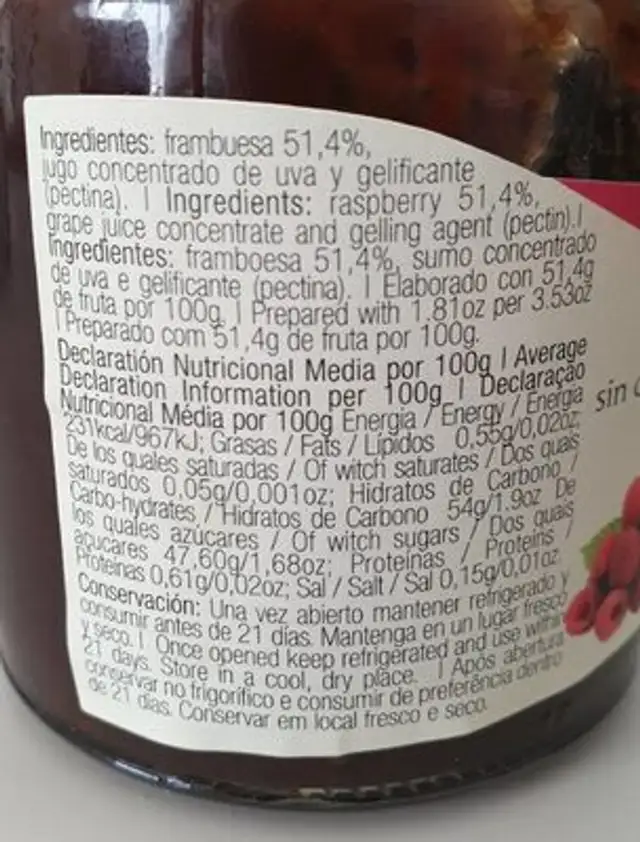 Frambuesa nutrition facts table