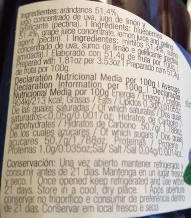Mermelada de arándanos nutrition facts table