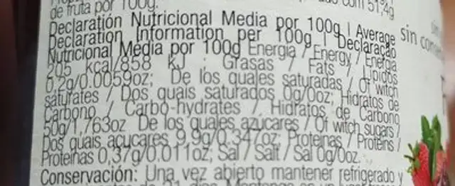 Frutas del bosque nutrition facts table