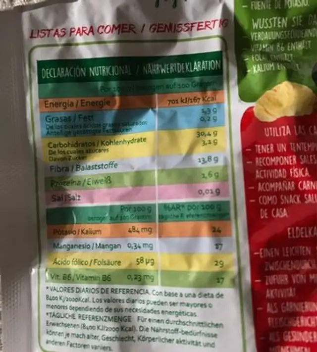 Castañas cocidas nutrition facts table