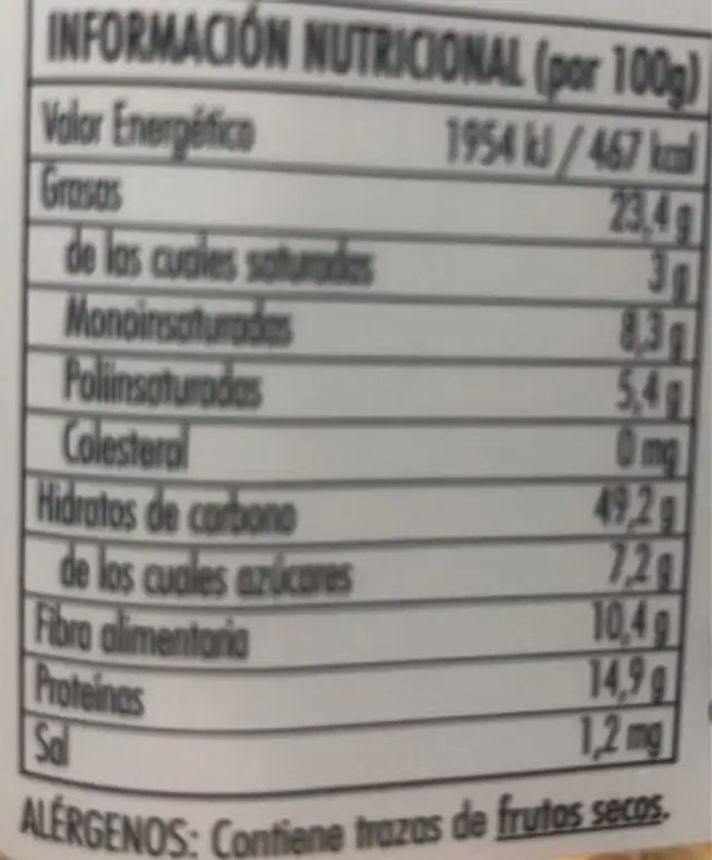 Cóctel Frutos Secos nutrition facts table