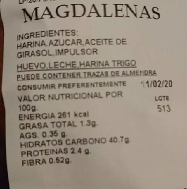 Magdalenas nutrition facts table