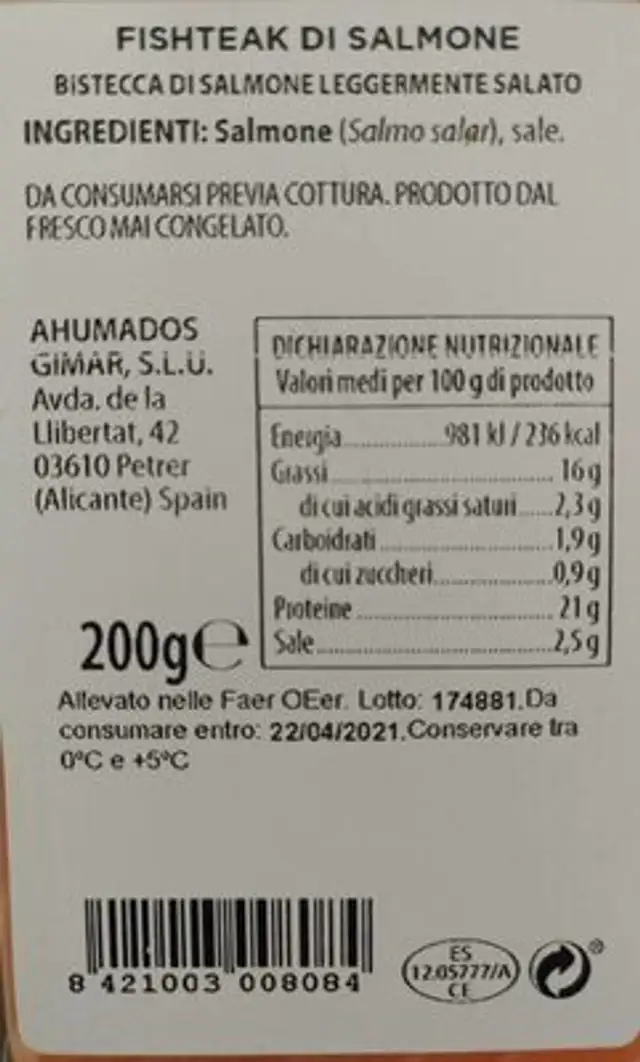 Fishteak di salmone nutrition facts table