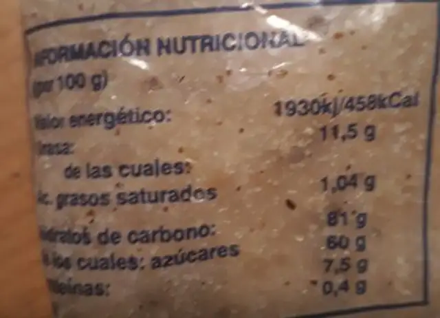 Avellana para Helado nutrition facts table