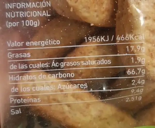 Galletot integral nutrition facts table
