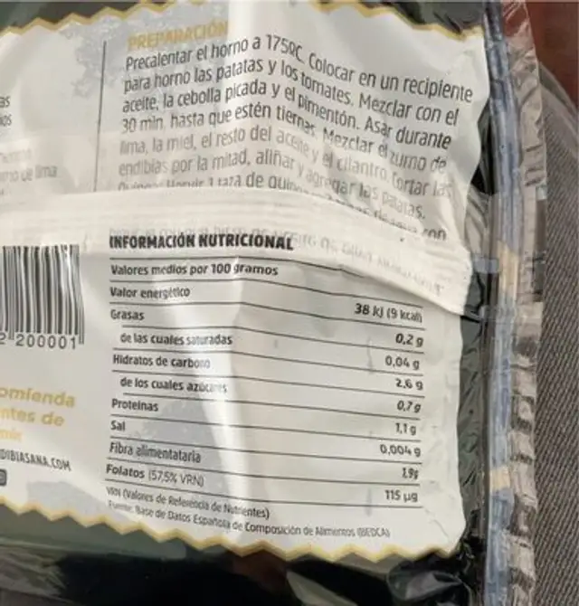 Endibia selección nutrition facts table