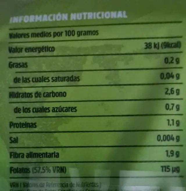 Endibias nutrition facts table