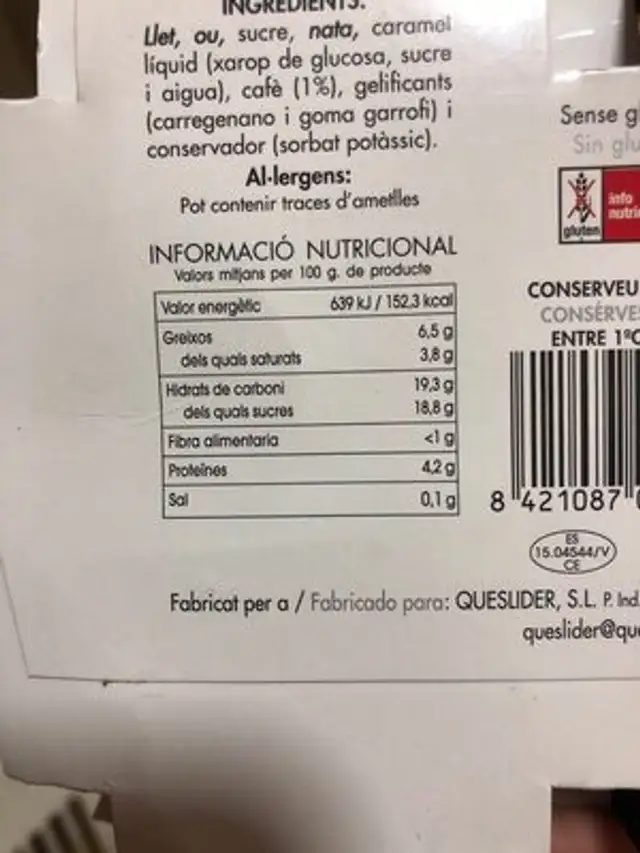 Flam de cafè nutrition facts table