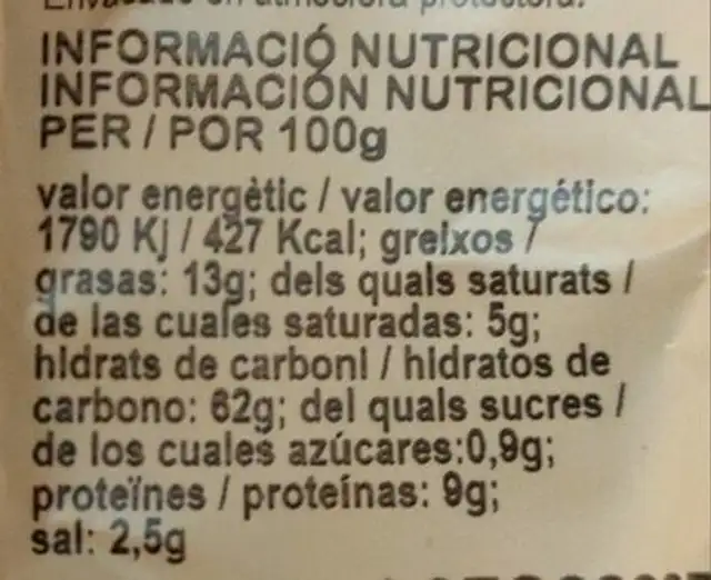 Blat de moro nutrition facts table